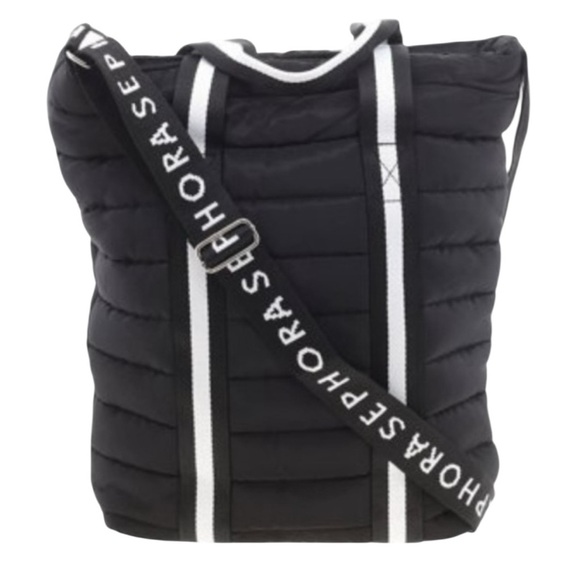 Sephora Black Quilted Puffer Bag Crossbody Boho Peasant Zip Closure - Picture 2 of 4